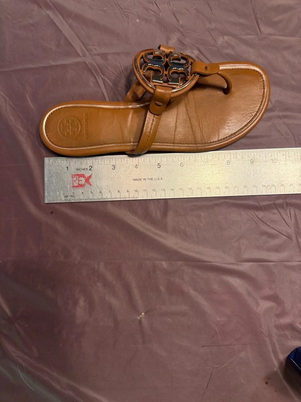 Tory Burch Gold Metal Miller Brown Leather Logo Toe-Post Sandals Size 8 $250